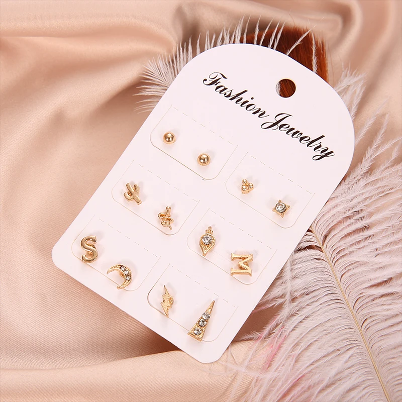 12 Pcs/Set Fashion Moon Letter Lightning Cactus Geometric Crystal Stud Earring Women Charm Gold Earrings Set Combination | Украшения и