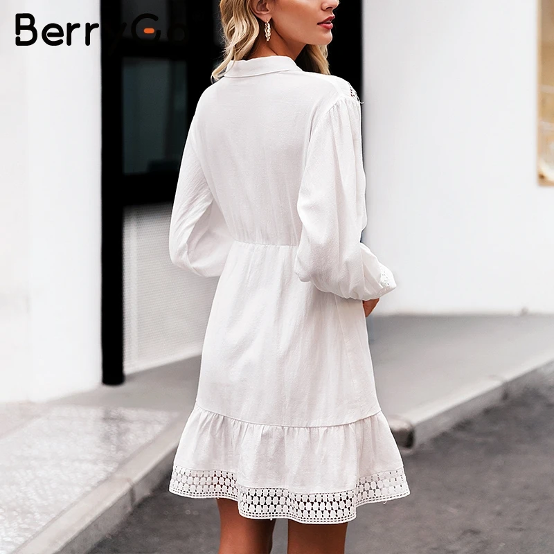 BerryGo Элегантный kороткие кружевные хлопчатобумажные платья фонарь рукавом A Line
