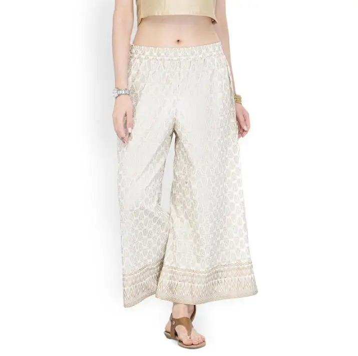 New Cotton India Traditional Woman Broad-legged Trousers Ethnic Style Spring Summer Beige Print Bottom Pants
