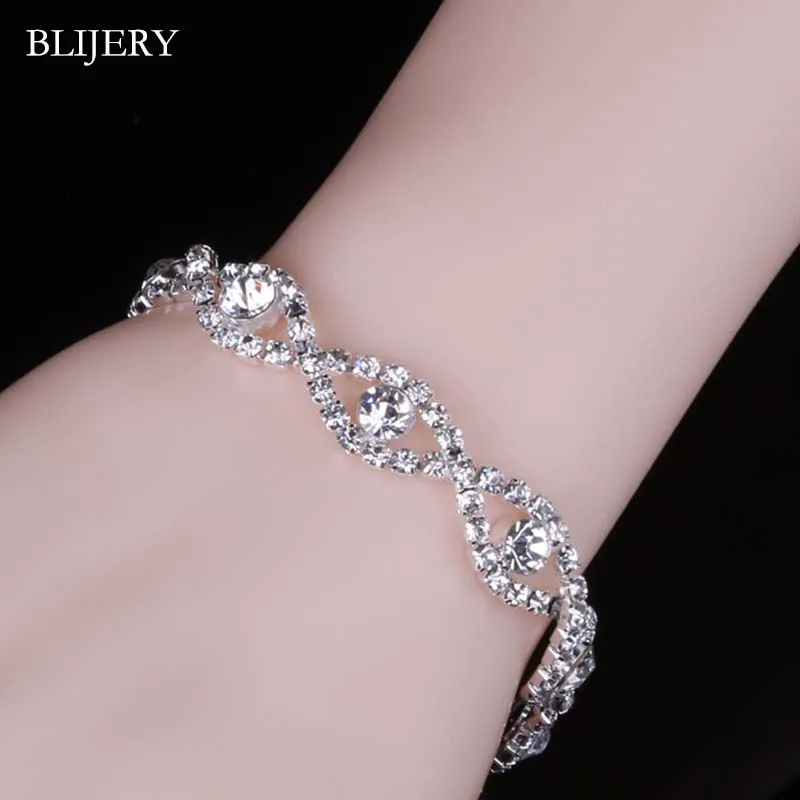 61B01-19CM BLIJERY, Роскошные браслеты с кристаллами для женщин, Посеребренные стразы, браслеты с подвесками и браслеты для женщин, свадебные ювелирные изделия, подарки - Окраска металла: 61B01-19CM