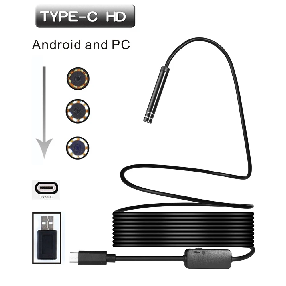 HD 8 мм объектив 1/3/5/7/10 м змеиная проволока тип c android эндоскоп камера для телефона