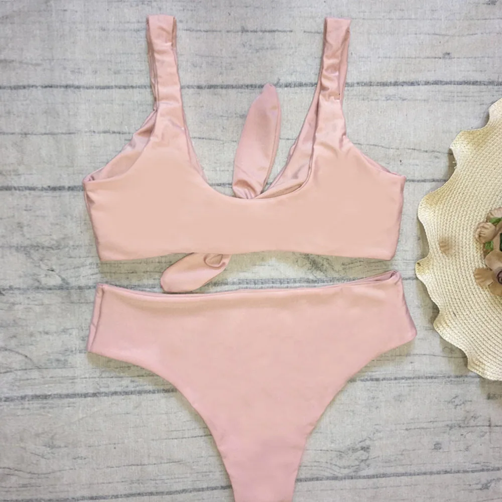 MUXILOVE Sexy Solid Biquinis Padded Tied Bowknot High Waist Bikini Set Women Swimsuit Beach Swimwear Bathing Suit Maillot De Bai |