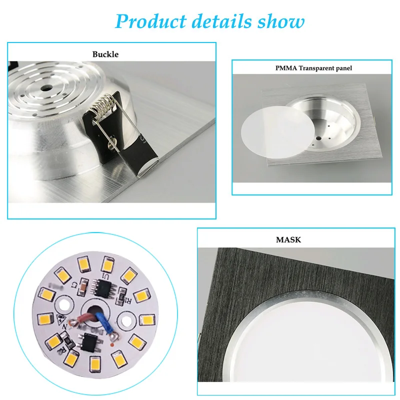 Lámpara LED empotrada cuadrada para dormitorio, cocina, iluminación de techo, AC220V, 3W, 5W, 7W, 9W, 12W, 15W, 18W, 10 paquetes