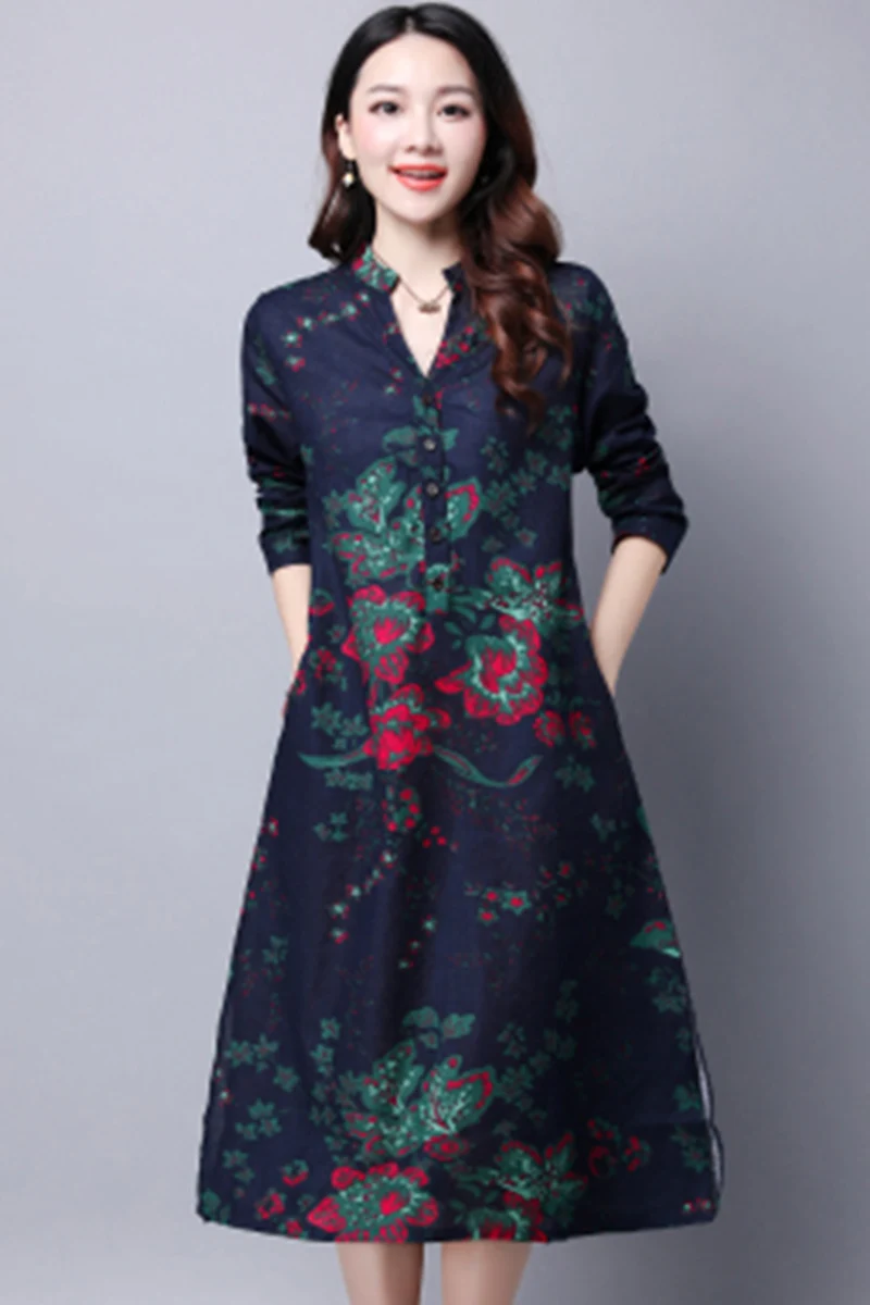 2019 весна и осень большое платье в фольклорном стиле размер Хлопок Свободный