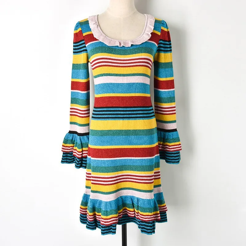 striped Новинка, контрастный цвет, полосатый блестящий кардиган с воланами, платье для женщин, гофрированный подол, длинный рукав, o-образный вырез, длина до колена, вязаное платье для женщин - Цвет: striped