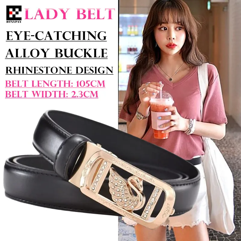 12pcs High Quality 2.3cm Second Layer Cowhide Women Belt Lady Pin Hole Leather Waist Belt Swan Rhinestone Alloy Buckle Waistband