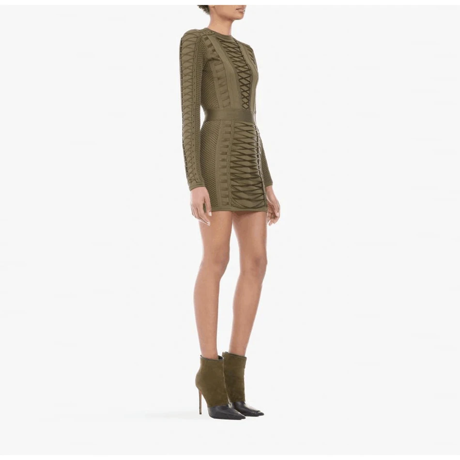 2019 Winter New Fashion Women's Bandage Dress Sexy Army Green Long Sleeve Mini Lace Bodycon Club Celebrity Party Vestidos | Женская
