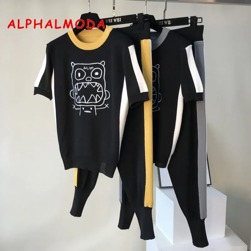 ALPHALMODA трикотажные брюки костюм консервативный Стиль Милая Вышивка Мультфильм женский Забавный с коротким рукавом свитер брюки спортивный костюм
