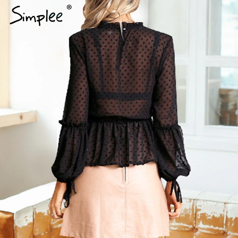 Simplee Vintage embroidery lace chiffon women blouses Plus size sexy transparent lantern sleeve shirts Autumn black casual tops |