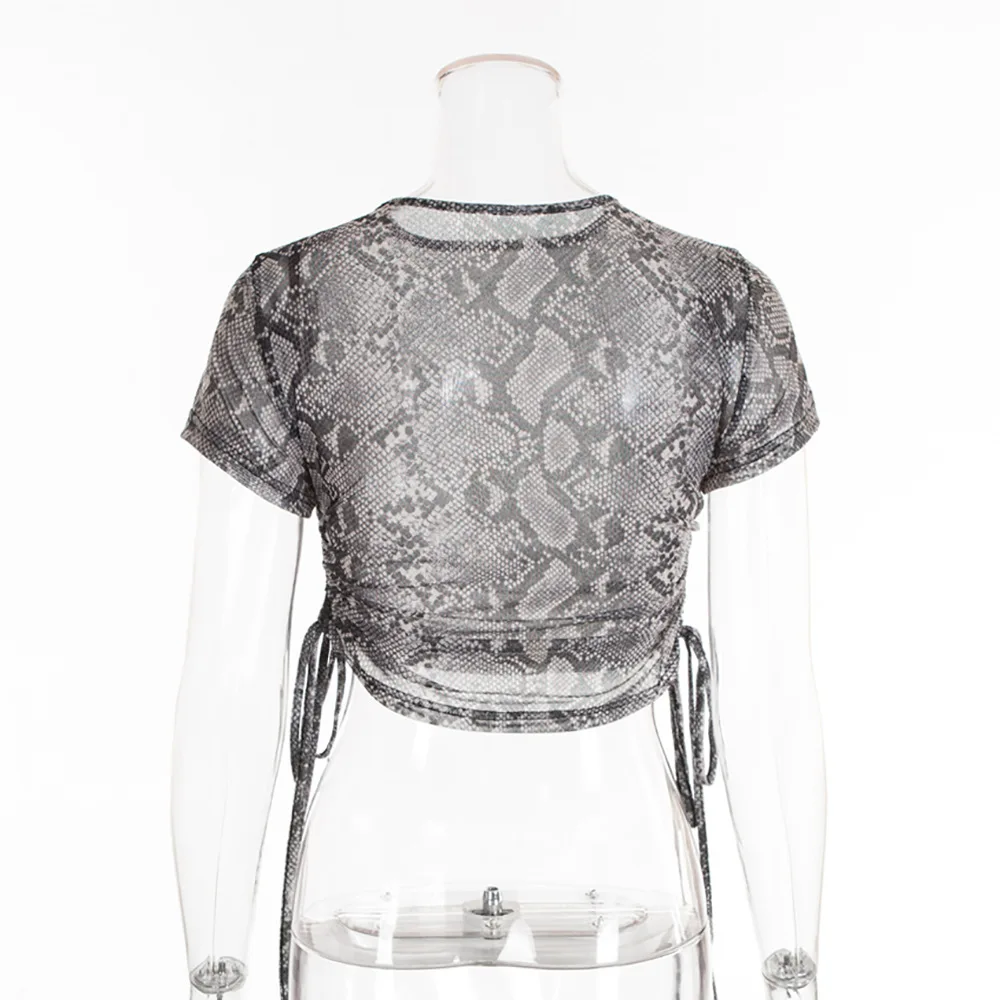 Для женщин Винтаж змея печати Тонкий Повседневное Crop Top Sexy Узелок Ruched Стретч