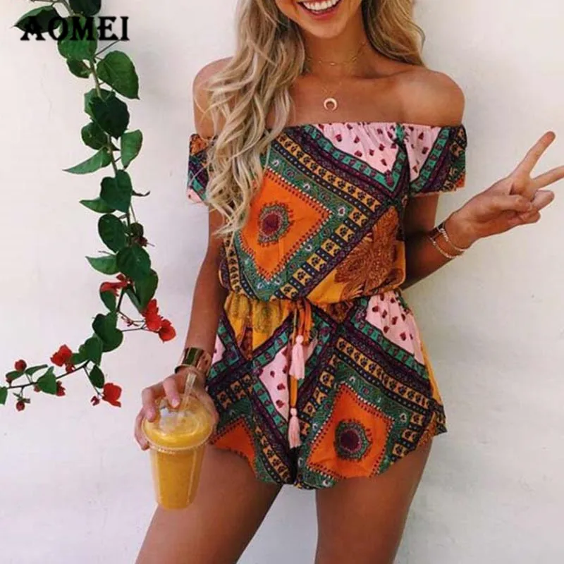 Для женщин комбинезон с принтом поясами открытыми плечами Combinaison короткие
