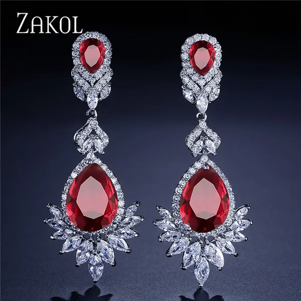 Red ZAKOL одежда высшего Качества Кубического циркония розовое золото цвет большой длинные висячие Висячие свадебные серьги, ювелирные изделия для женщин FSEP021 - Окраска металла: Red