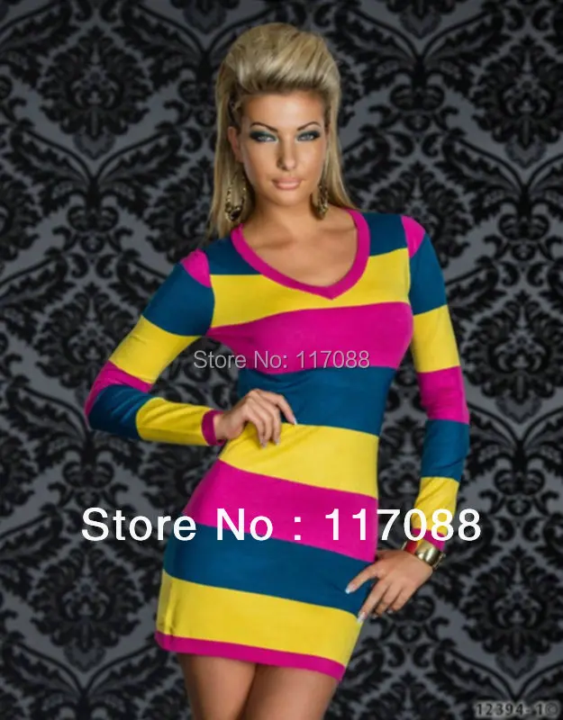 Женское платье-мини с длинным рукавом в полоску | Женская одежда