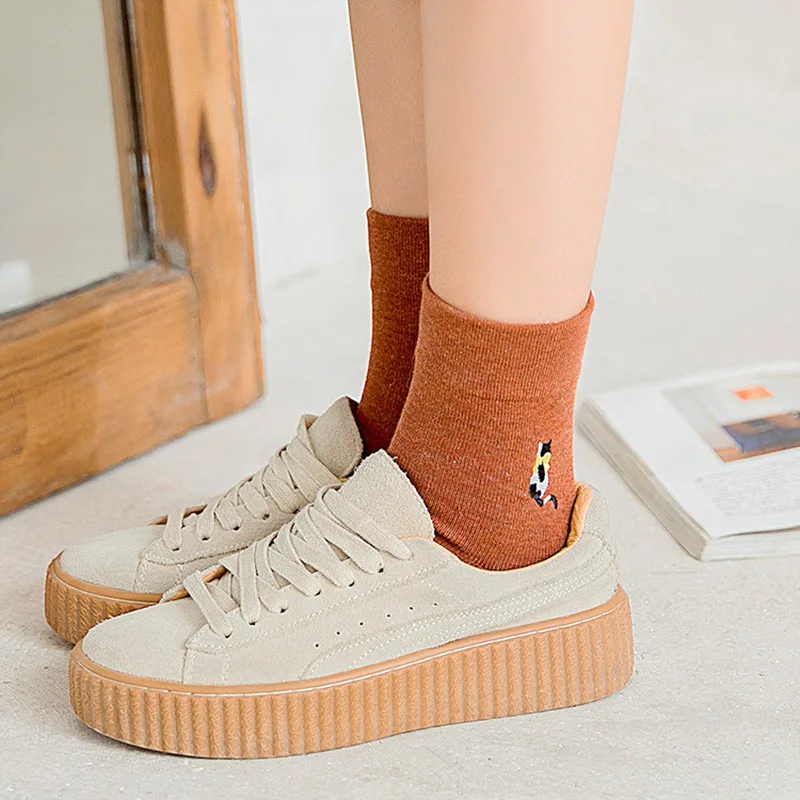 Autumn and Winter Thick Ladies Daily Cotton Socks Harajuku Korea Japanese Cartoon Embroidery Cat Cute Casual Warm Sock | Женская одежда