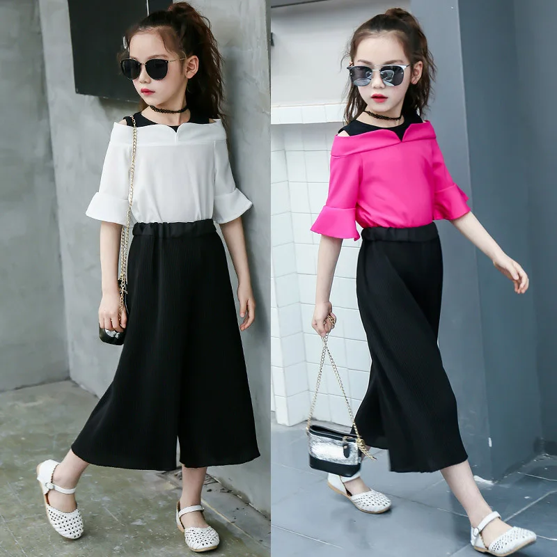 

Kids Girls Tops with Pants Off Shoulder Breathable Loose Clothing Set for Summer AN88
