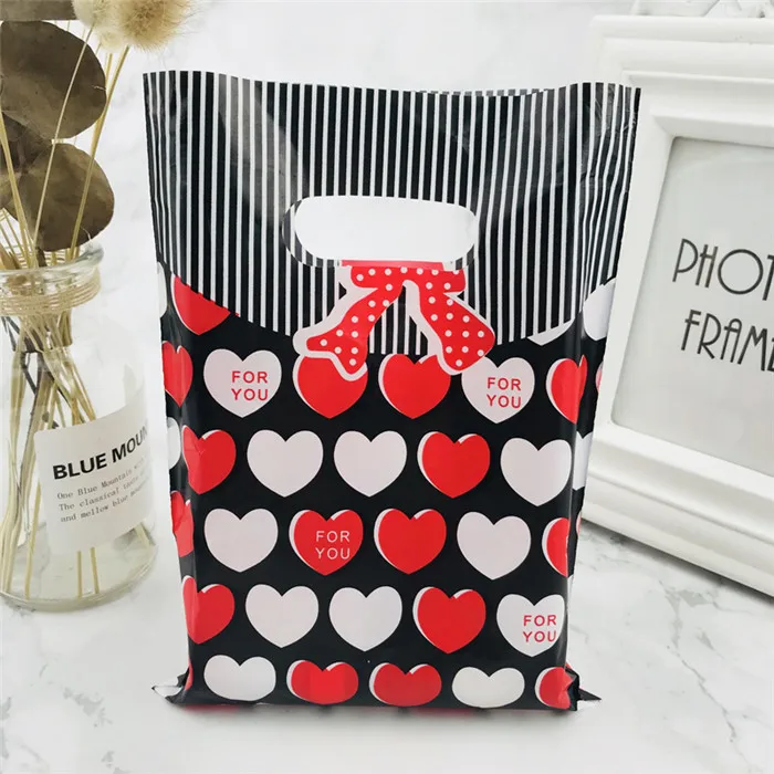 Red White Heart Bow 25x35 20x25 15x20 см 10 шт. сумка для хранения одежды хозяйственные пластиковые сумки с ручками ювелирные изделия свадебный пластиковый мешочек для упаковки подарков - Цвет: Red White Heart Bow