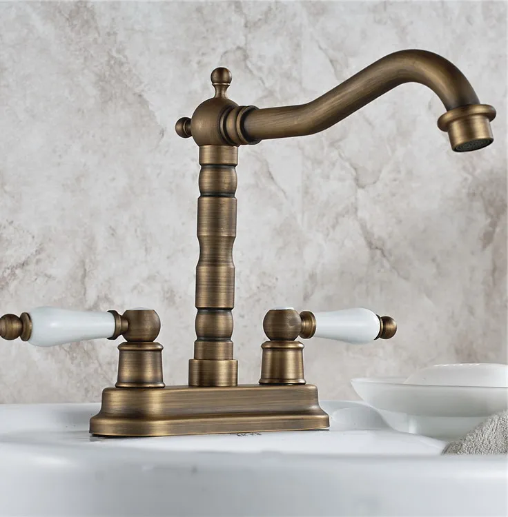 

Antique Brass 4" Centerset Kitchen Bathroom Vessel Sink Two Holes Basin Swivel Faucet Dual Ceramics Handles Water Tap anf427