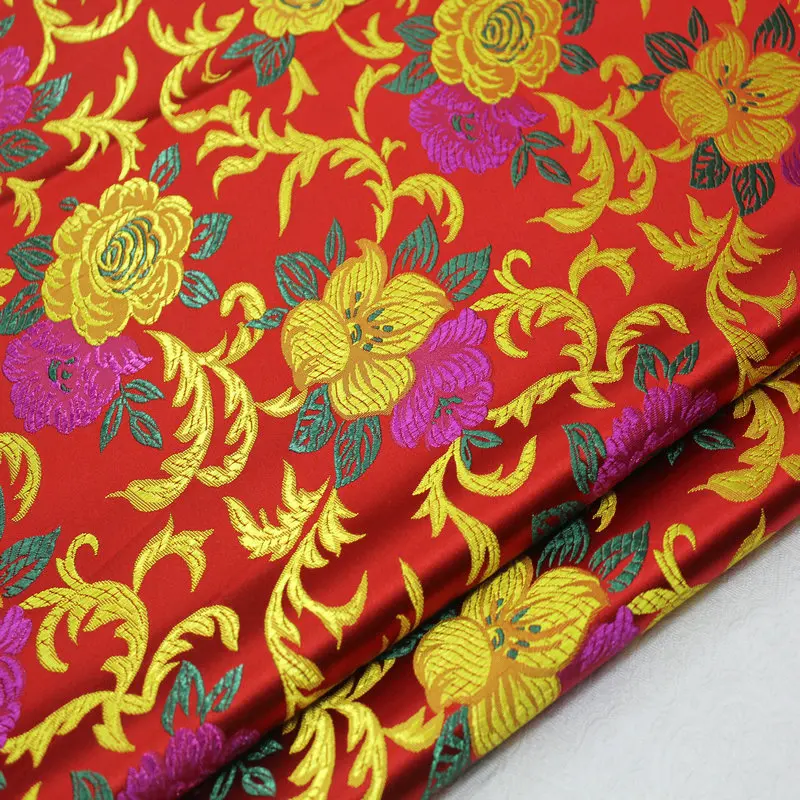 

CF520 Red Peony Embroidered Brocade Fabric Chinese Silk Stain Fabric Chinese Bride Clothing Qipao Festival Cloth DIY Fabices