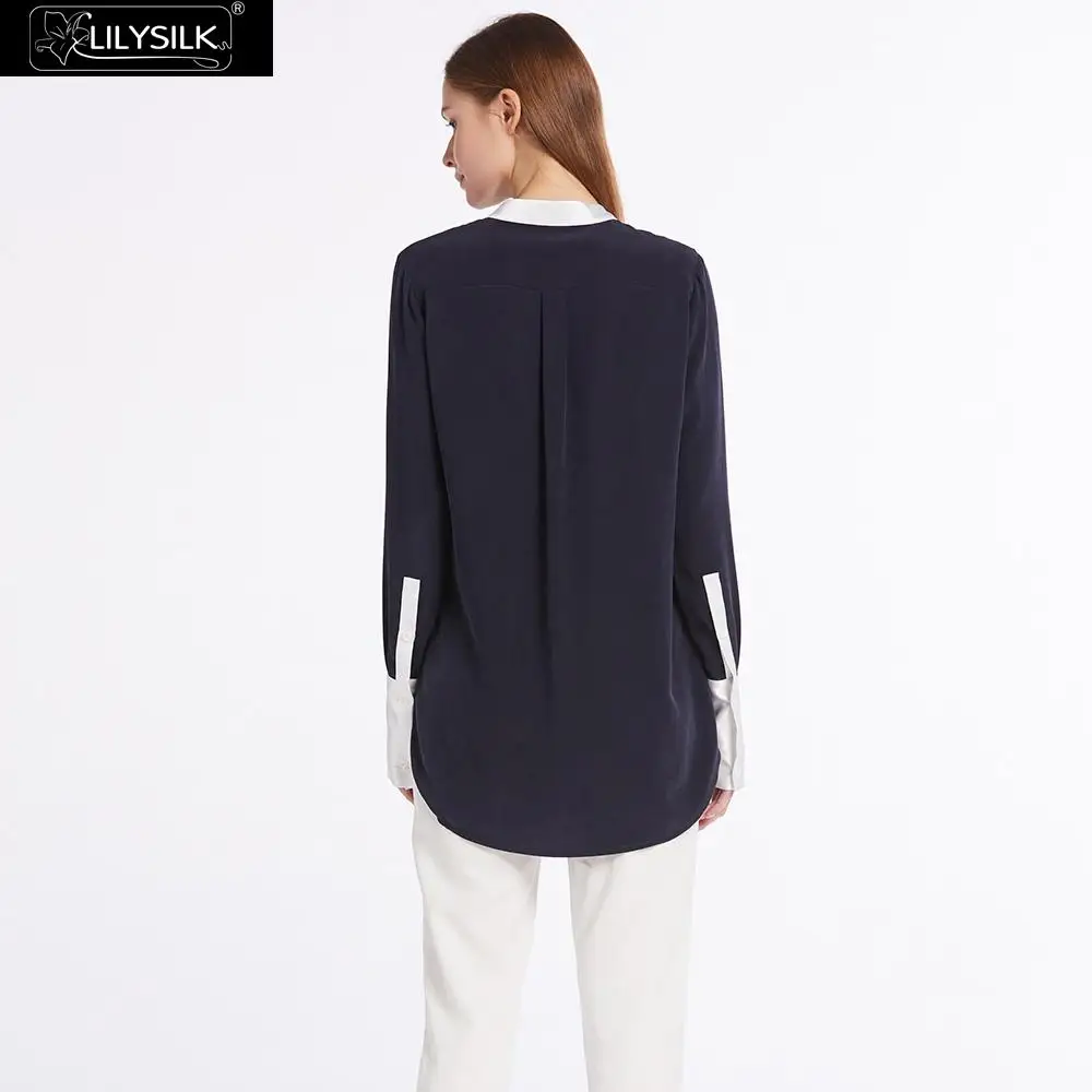LILYSILK 23mm Pull Over Color Block Silk Shirts 100% Charmeuse On Collar& Cuff Sand Washed NEWS Free Shipping|silk shirt|shirt silkshirt shirt |