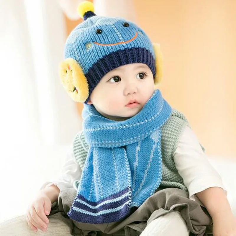 2 шт./компл. Детские Зимние улыбка шапка с шарфом для новорожденных Bebe детская теплая шапка и шарф комплект 3 месяца-3 лет
