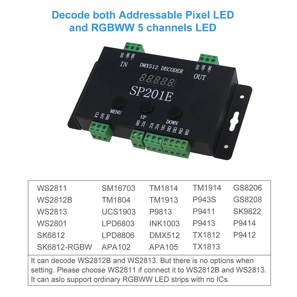 WS2812B WS2811 dmx-spi декодер контроллера, W/99 Цвет режимов, 5 канала DMX 512 RGB WW Декодер контроллер для SK6812 ST23