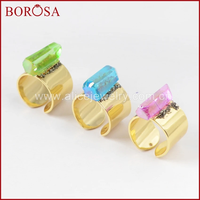 BOROSA Druzy Титан Радуга аура кварцевый Кристал острый кольцо с золотой полоской