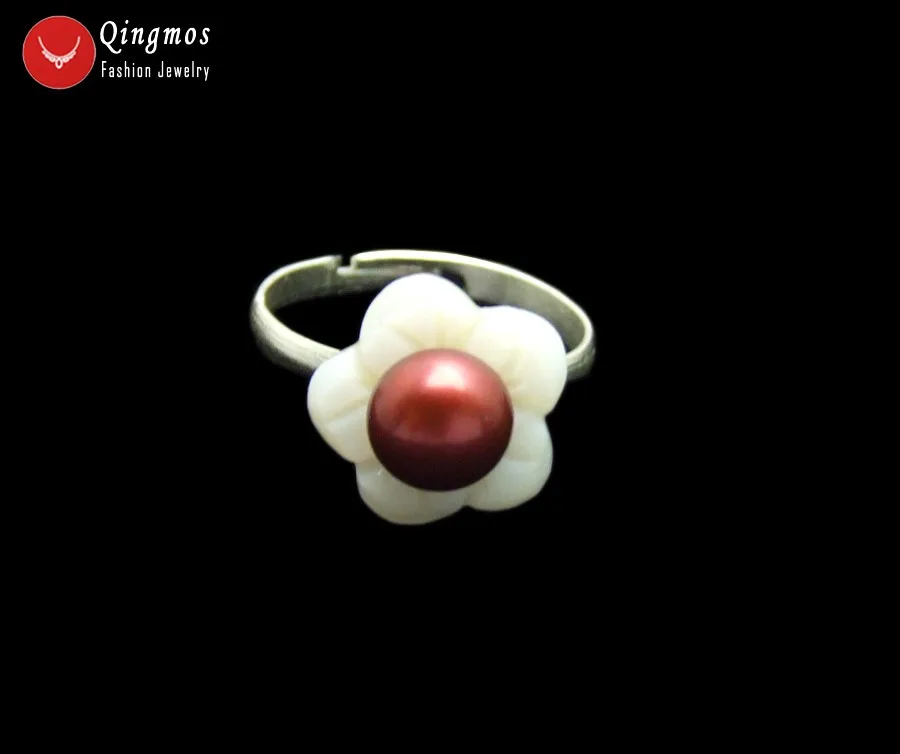 Qingmos Natural Red Pearl Ring for Women With White Shell Flower &amp 7-8mm Flat Opening Adjustable #8-#9 Jewelry rin41 | Украшения и