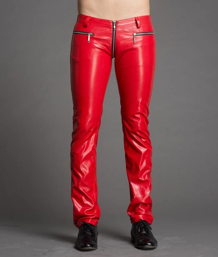 Мужские облегающие брюки модные красные и черные кожаные на молнии большого