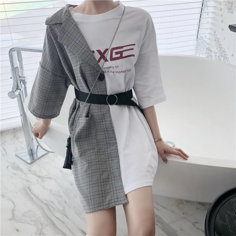 75126white t shirt Woherb, Новое поступление, короткий рукав, корейский стиль, лоскутные футболки, летняя мода, тонкая, повседневная, с буквенным принтом, длинная футболка s 75126 - Цвет: 75126white t shirt