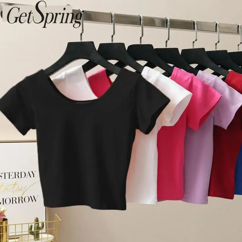 Женская футболка GETSPRING женская укороченная с круглым вырезом коротким рукавом