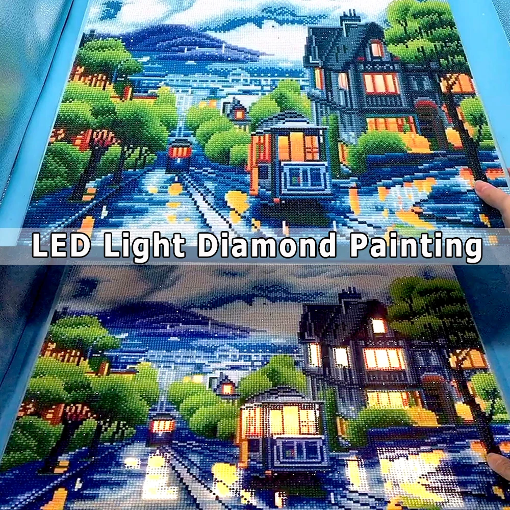 

AZQSD Diamond Painting Scenic LED Light Framed Full Round Drill 5D DIY Diamond Mosaic City Tram Full Set Wall Art 40x50cm