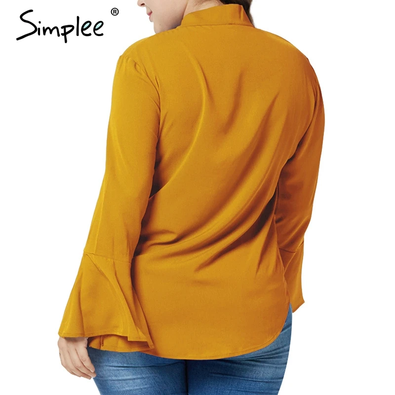 Simplee одноцветное Большие размеры Женщины блузка рубашка с длинным рукавом