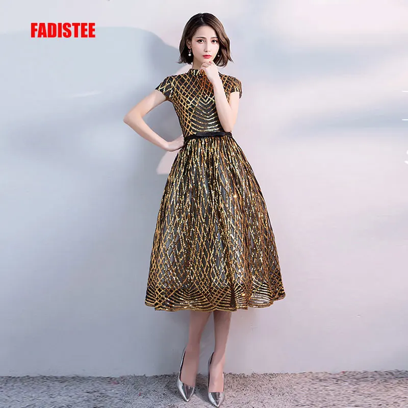 FADISTEE Новое поступление вечернее платье для выпускного вечера Vestido de Festa вечернее платье с высоким воротом с золотым узором Кепка с блестками Короткие стильные - Цвет: photo color