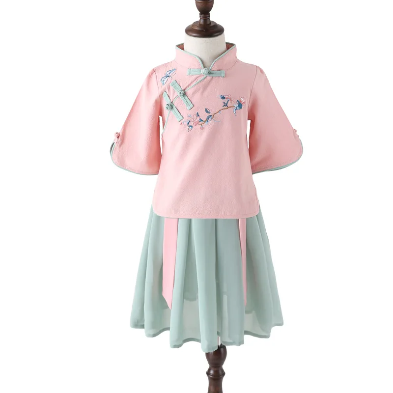Одежда для девочек Hanfu/Детское платье в стиле Тан для маленьких девочек Cheongsam/Летняя одежда для девочек, комплект из 2 предметов, рубашка+ платье принцессы