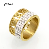 jsbao 12mm width 3 row crystal rings for women stainless steel ring fashion hollow out roman number brand jewelry