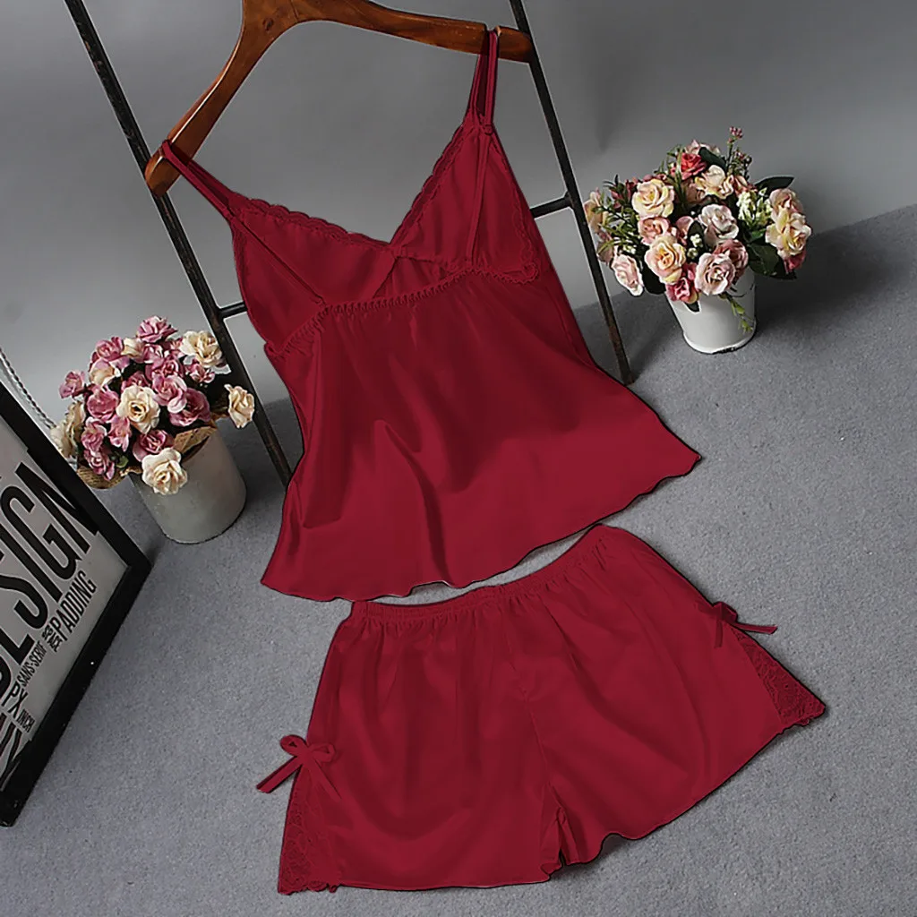 Womens Sexy Satin Sling Sleepwear Lingerie Lace Bowknot Nightdress Underwear Set exy Women | Женская одежда