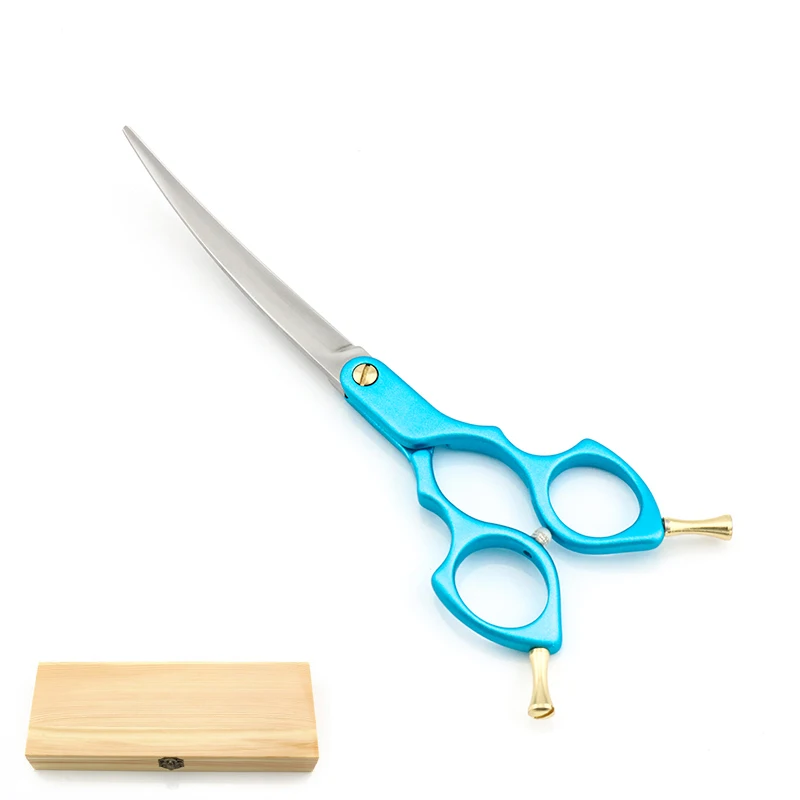Blue Handle wood box Профессиональные ножницы для ухода за собаками, изогнутые ножницы 6,5 дюймов, авиационная алюминиевая ручка, супер Япония, 440C Lyrebird, Новинка - Цвет: Blue Handle wood box