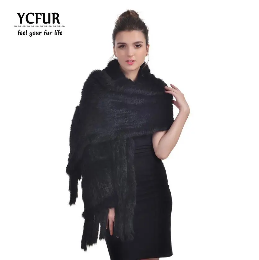 YCFUR 170 см, женские шали, шарфы, зимние, мягкие, теплые, ручная работа, вязаные, натуральный кроличий мех, шарфы, шарфы, длинный шарф с кисточками, женские - Цвет: black