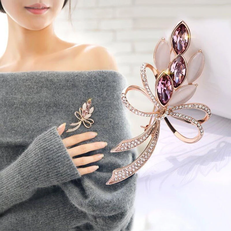 Ladies Crystal Flower Bowknot Brooches Classic Exquisite Female Golden Bright Opal Shining Bouquets | Украшения и аксессуары
