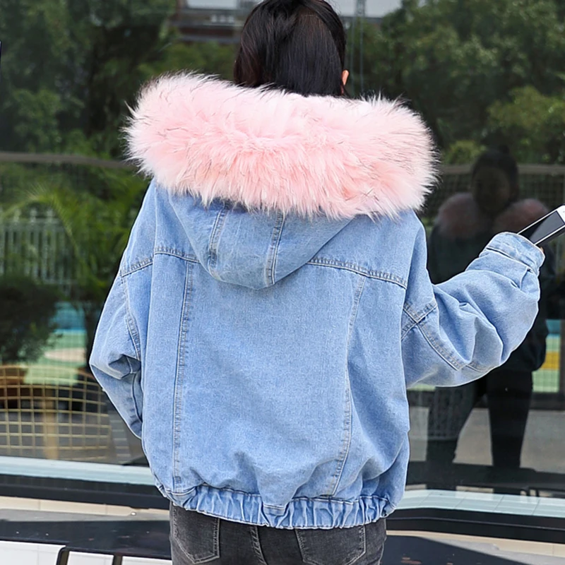 Зимняя джинсовая парка пальто для женщин теплый большой меховой воротник