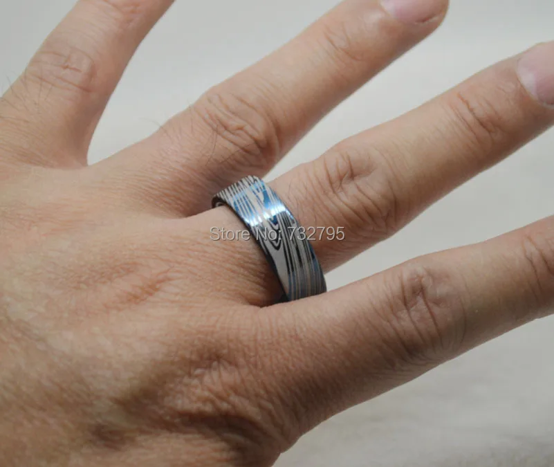 Бесплатная доставка 8 мм ширина плоские синие Дамасские кольца из карбида