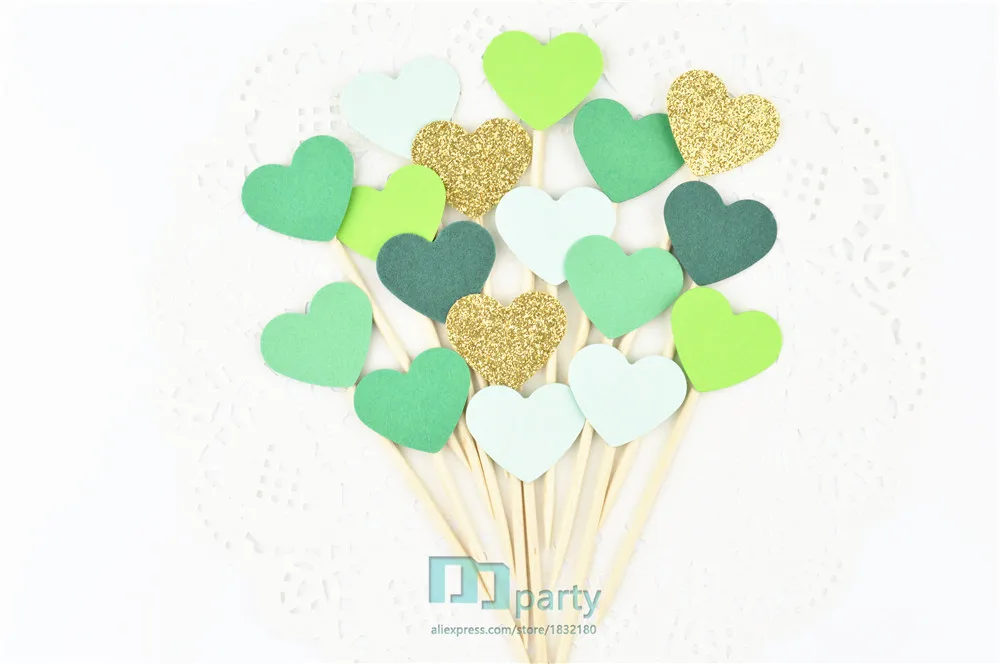 40 шт. блестящие золотые зеленые сердца топперы для кексов свадебная еда