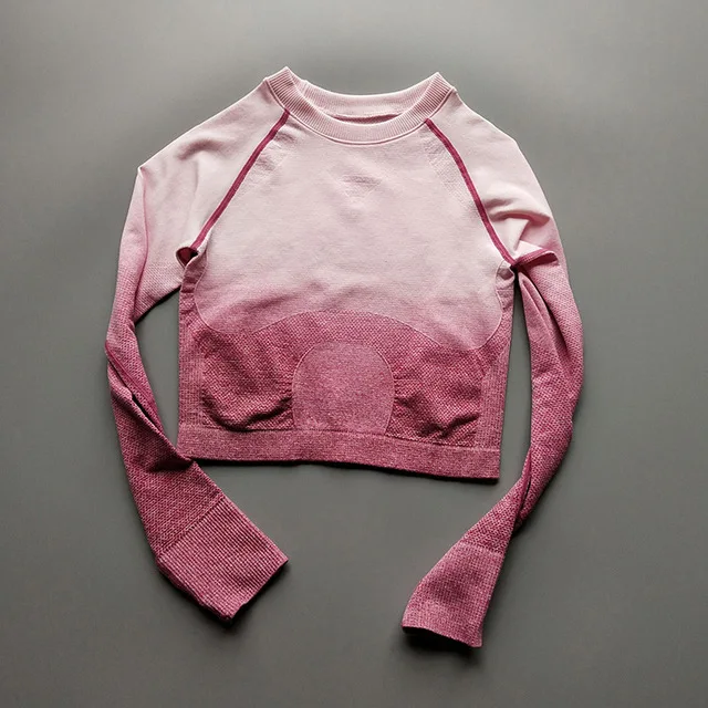 Pink Tops Женский бесшовный комплект для йоги с эффектом омбре, укороченные рубашки, спортивный костюм для тренировок, Женский комплект для фитнеса с длинным рукавом, одежда для активного отдыха+ леггинсы с резинкой на попе - Цвет: Pink Tops