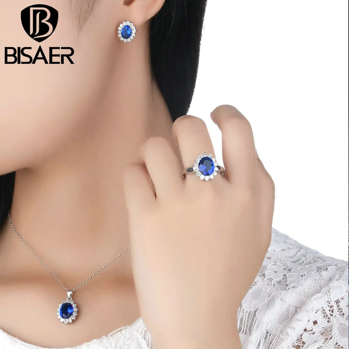 BISAER Роскошный Позолоченный Голубой Овал Резки Формы Цветка Большой Сапфир