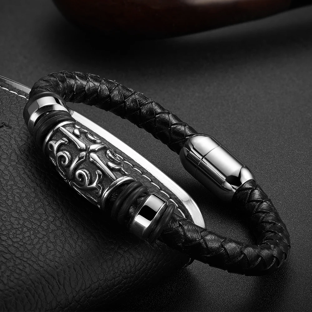 

Fashion Leather Bracelet for Men Black Braid Multilayer Rope Chain Stainless Steel Magnetic Clasp Male Jewelry Gift