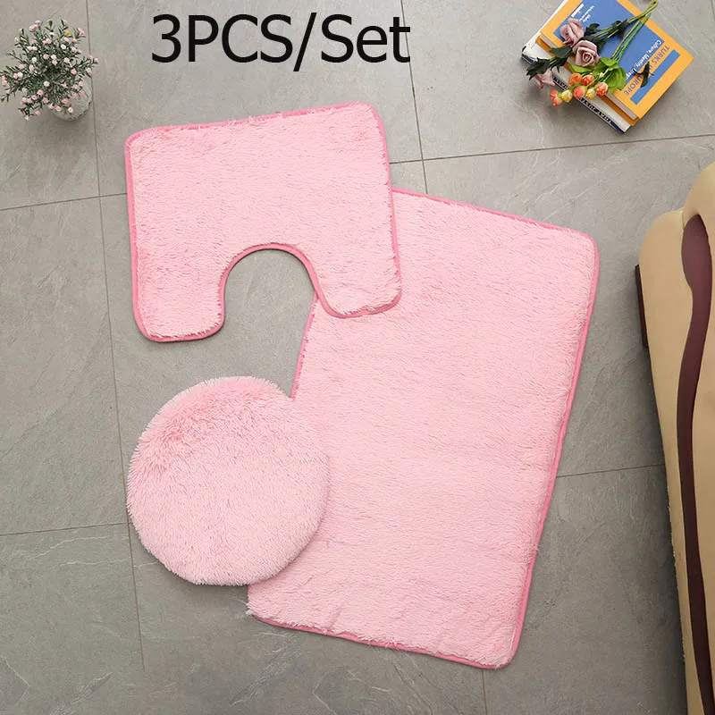 3pcs Pink Лохматый Противоскользящий туалетный набор ковриков для ванной коралловый флис абсорбирующий коврик для ванной комнаты стойка для тряпок крышка для унитаза tapis salle de bain - Цвет: 3pcs Pink