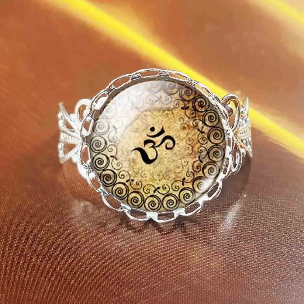 

QiYuFang Newest OM Yoga Glass Cabochon Ring Bronze&steel Jewelry For Women Collares Vintage Statement Chain Fine Jewelry