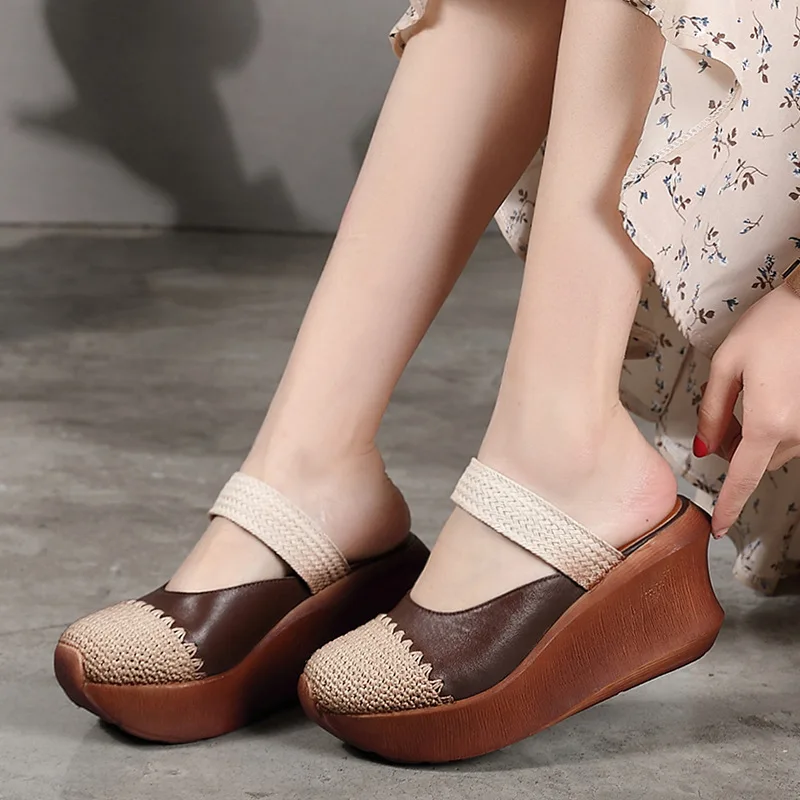 

Johnature Genuine Leather Retro Mixed Colors Summer Slippers Outside Wedges Platform Slides Super High Heels Sandals Women Shoes