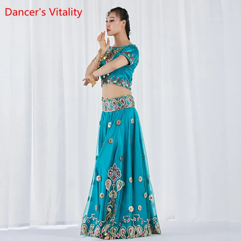 Небесно-голубой Clothes For Dancing, Stage Costume Belly Dancing Clothes Indian Dance Costume Bollywood 3 Pieces Set(Top, Skirt And Sari - Цвет: Небесно-голубой