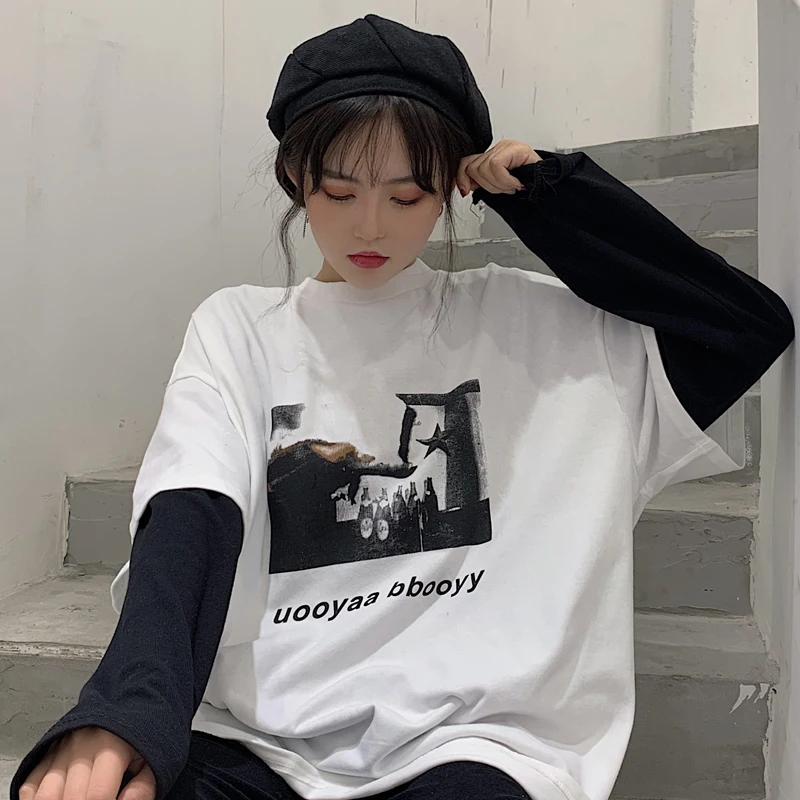 YouGeMan Harajuku Повседневное Для женщин футболка Топ сезон: весна–лето корейский Ulzzang с принтом футболка с короткими рукавами женские свободные футболки